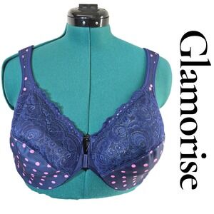 Glamorise Full Figure 44C Navy Blue Pink Polka Dot Front Close Lace Bra